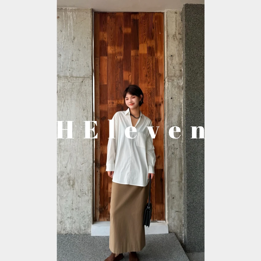 HELeven清冷设计感套头V领长袖衬杉宽松都市调性衬衣