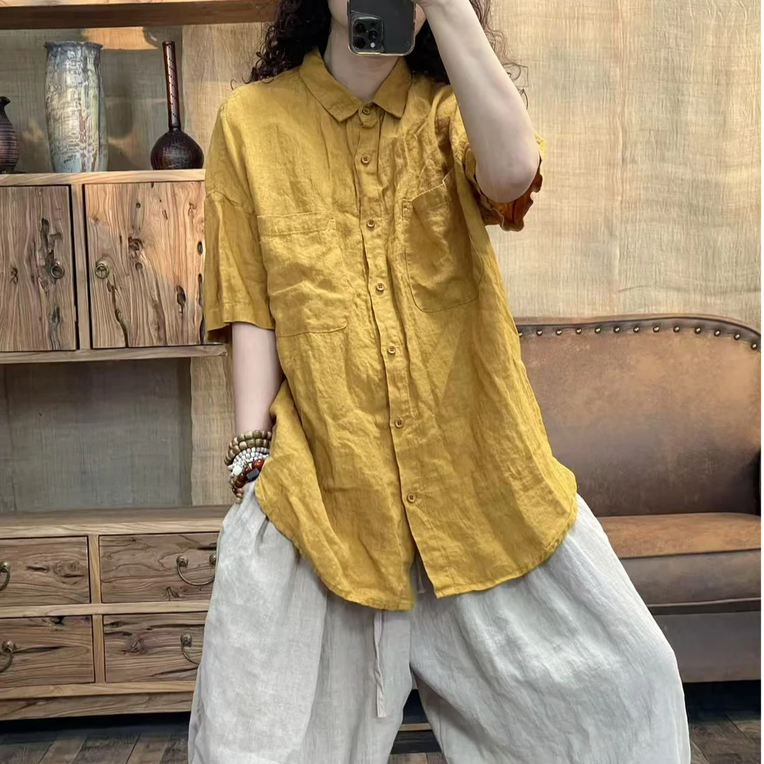 [四月阳光]夏季亚麻水洗做旧短袖女士休闲衬衫(长71胸围120)