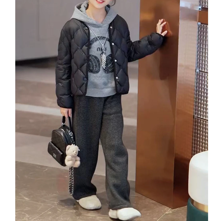 现货【四件套】女童棉服套装加绒弯刀裤亮片加绒卫衣加厚修身休闲裤