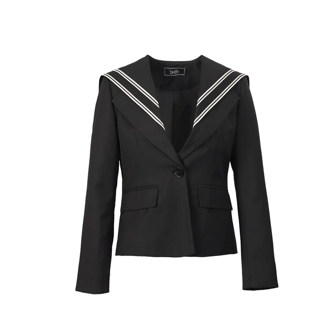 集合1-2海军领修身短外套黑色西服长袖短款时尚休闲