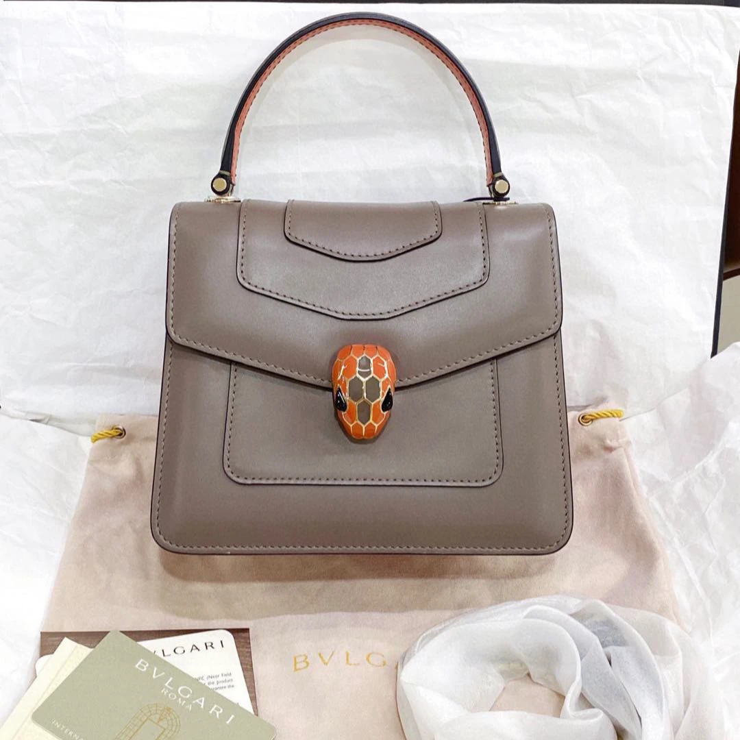 99新 BVLGARI/宝格丽 大象灰拼橘蛇头风琴链条包 G
