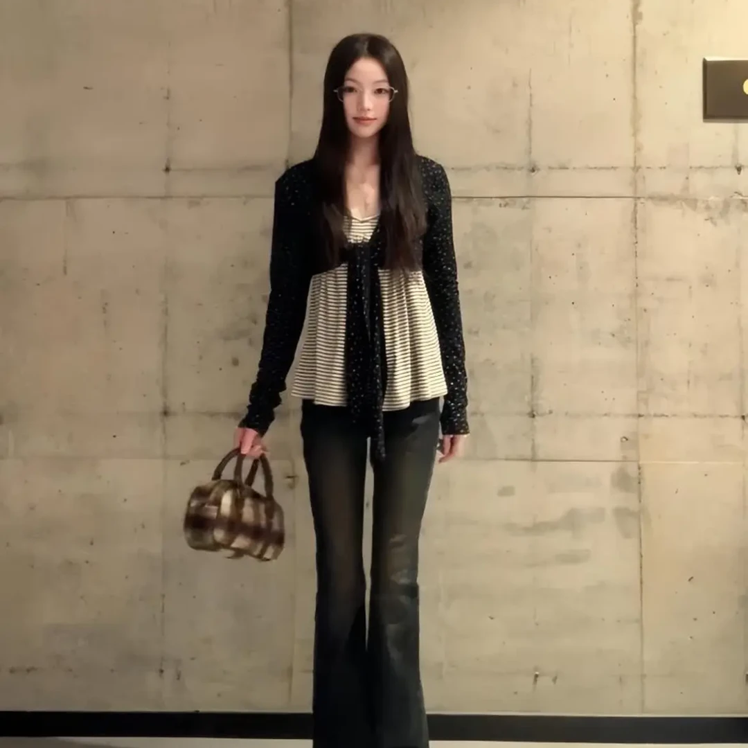 韩系复古上衣叠穿套装内搭吊带背心+绑带黑色针织开衫薄款外套秋