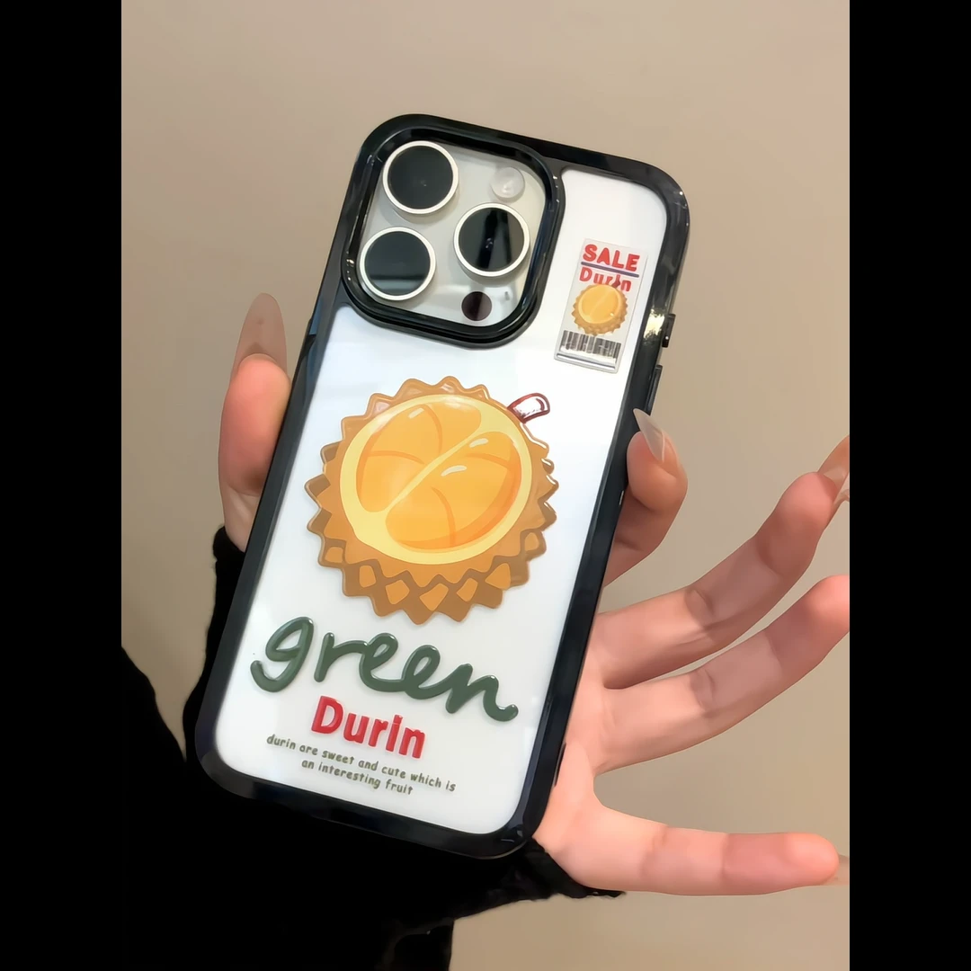 透色二合一卡通榴莲标签适用于iPhone16promax苹果15p手机壳14p13