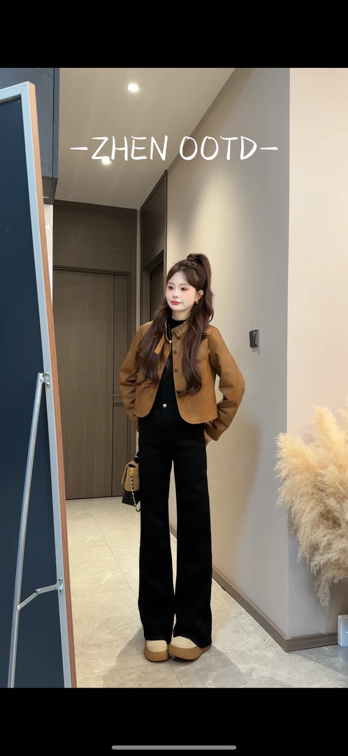 美拉德2025早秋新款潮牌美式复古气质皮面外套女简约高腰短款2320