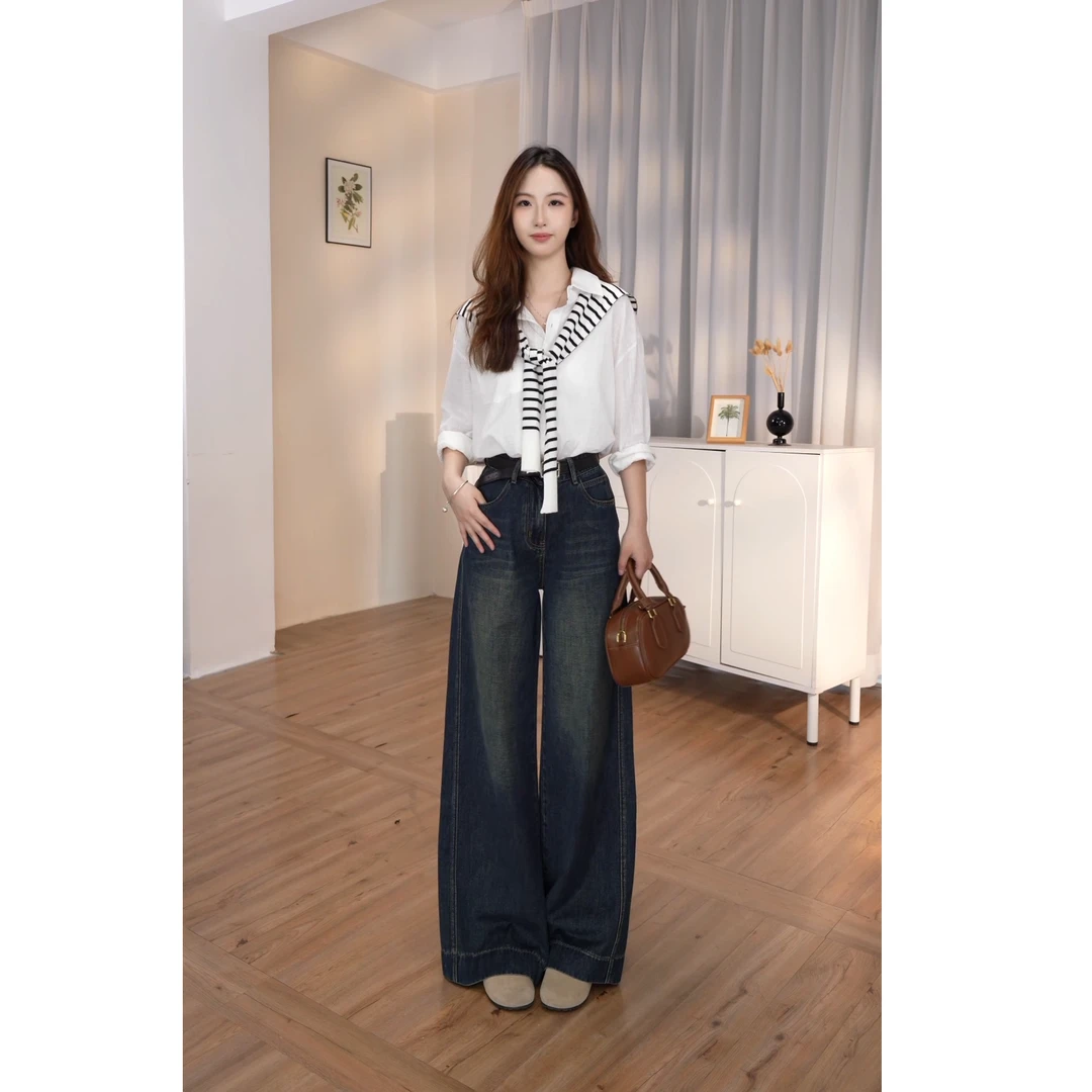 梨形OOTD-【墨水蓝】-早秋宽松阔腿-百搭-中高腰显瘦显高气质牛仔裤