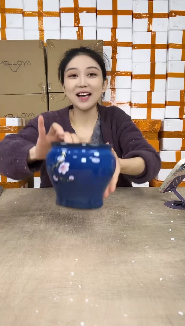 缸型深蓝花釉勾花13x13