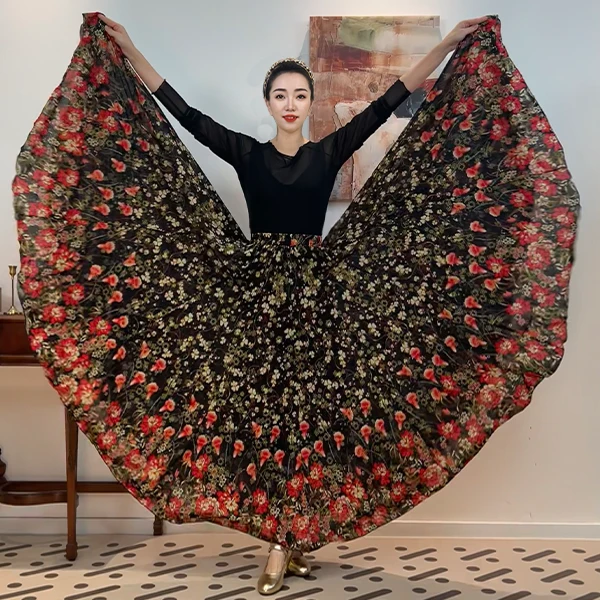 A《莓莓三叶草》弹力网纱满铺定位花大摆新疆舞半身裙/720带衬裙