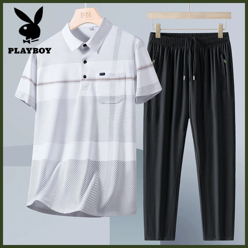 花花公子冰丝短袖套装中老年爸爸装父亲节礼物休闲薄款半袖夏季大