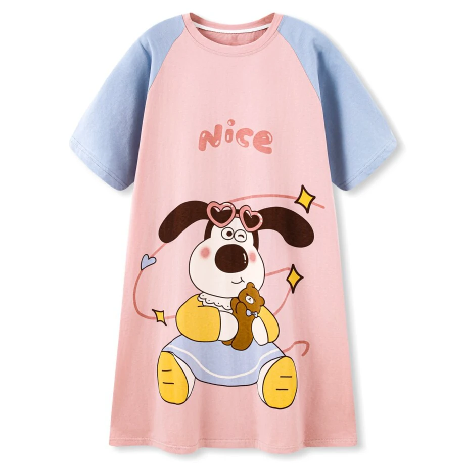 可爱掌门狗睡裙女夏季纯棉短袖宽松加肥加大码插肩撞色睡衣家居服