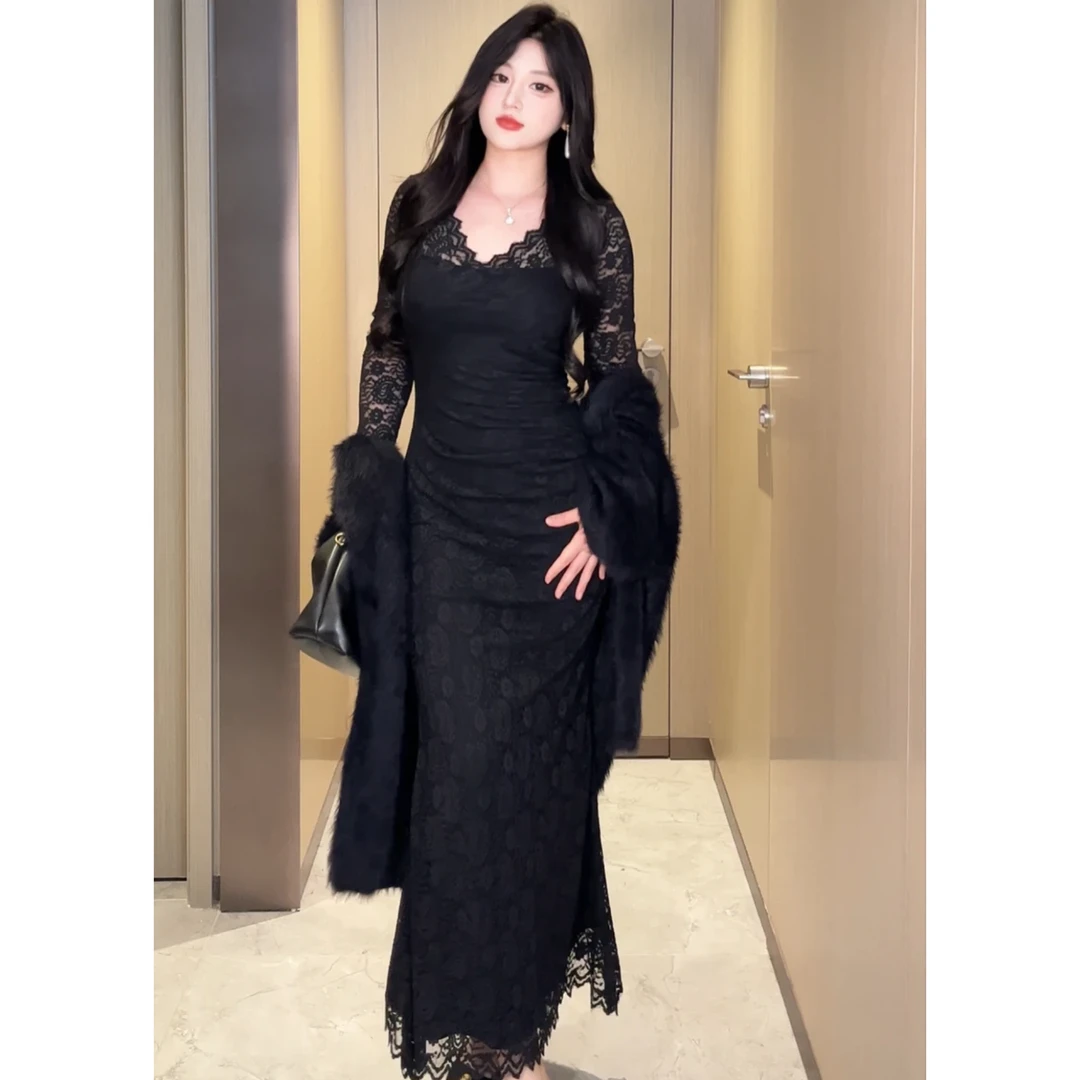 【运补6-8】黑色辣妹长袖蕾丝连衣裙收腰显瘦气质套装时尚9280#
