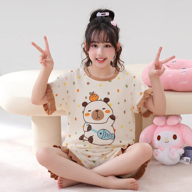 新款女童睡衣女孩夏季短袖套装卡通花边拉皮巴拉儿童家居服可外穿