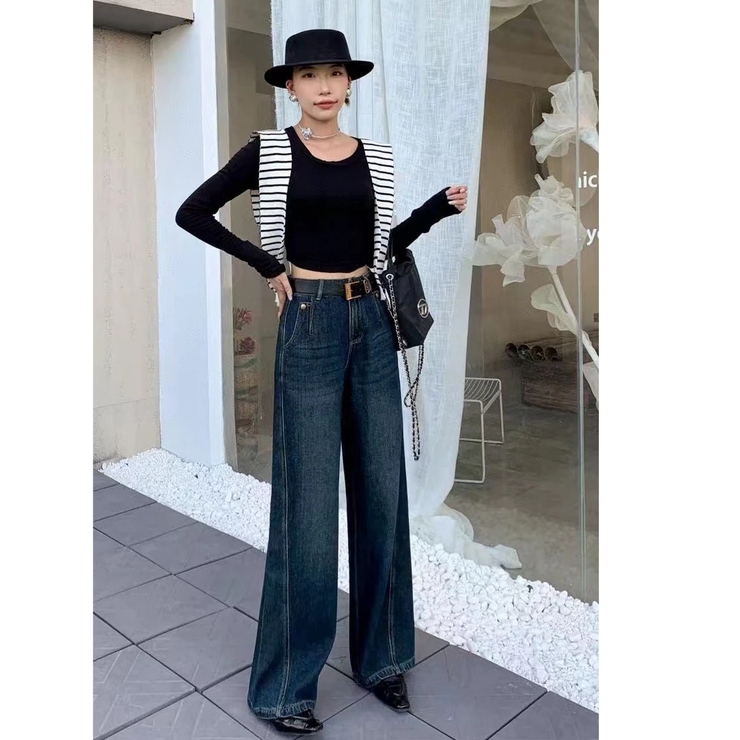 大码女装复古梨形身材宽松牛仔裤胖mm高腰显瘦直筒拖地阔腿长裤子