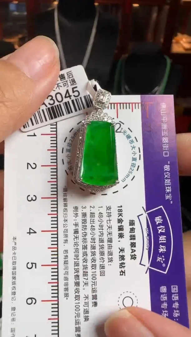 颈饰18K金镶嵌翡翠HA3045冰辣绿无事牌