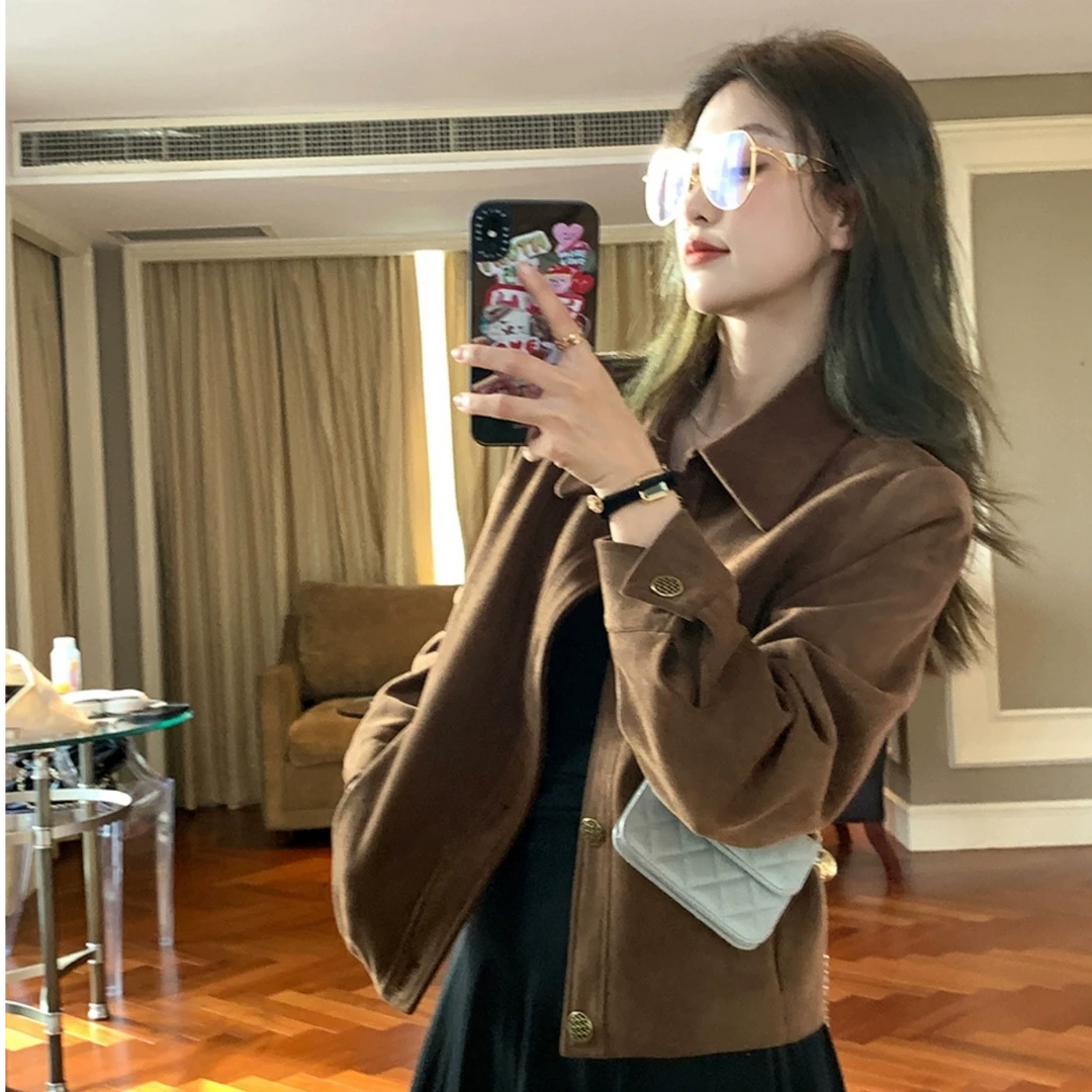 露丝同款美拉德咖色麂皮绒短外套女2025巨好看美式复古休闲夹克