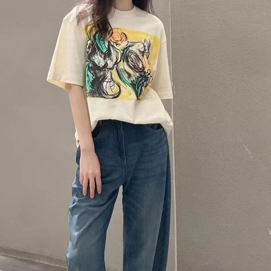 花朵炭笔画线条水墨印花宽松中袖T恤1127