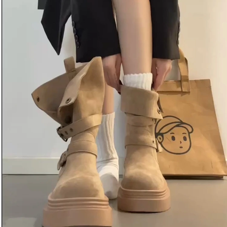 时尚洋气两穿机车马丁靴子女2025年秋冬季新款厚底增高小个子短靴