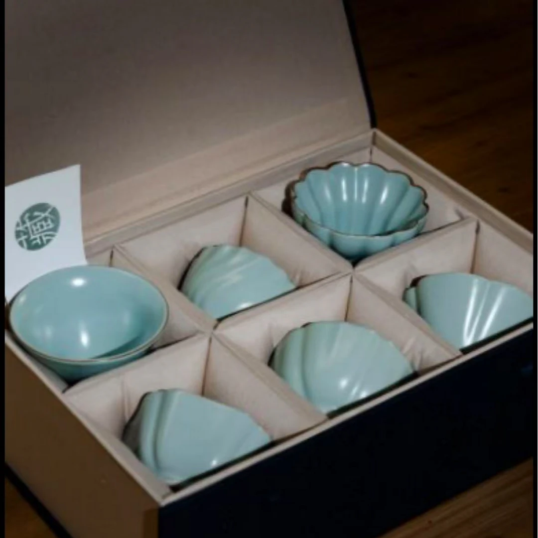 微微瑕 汝窑手工制作纯矿物釉料小茶杯六格装开片天青色定制款