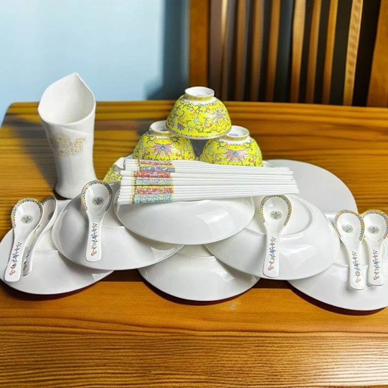 ZH-A16帝王黄缠枝莲18件套餐具时光漫步的筷子筒+混色筷子10双