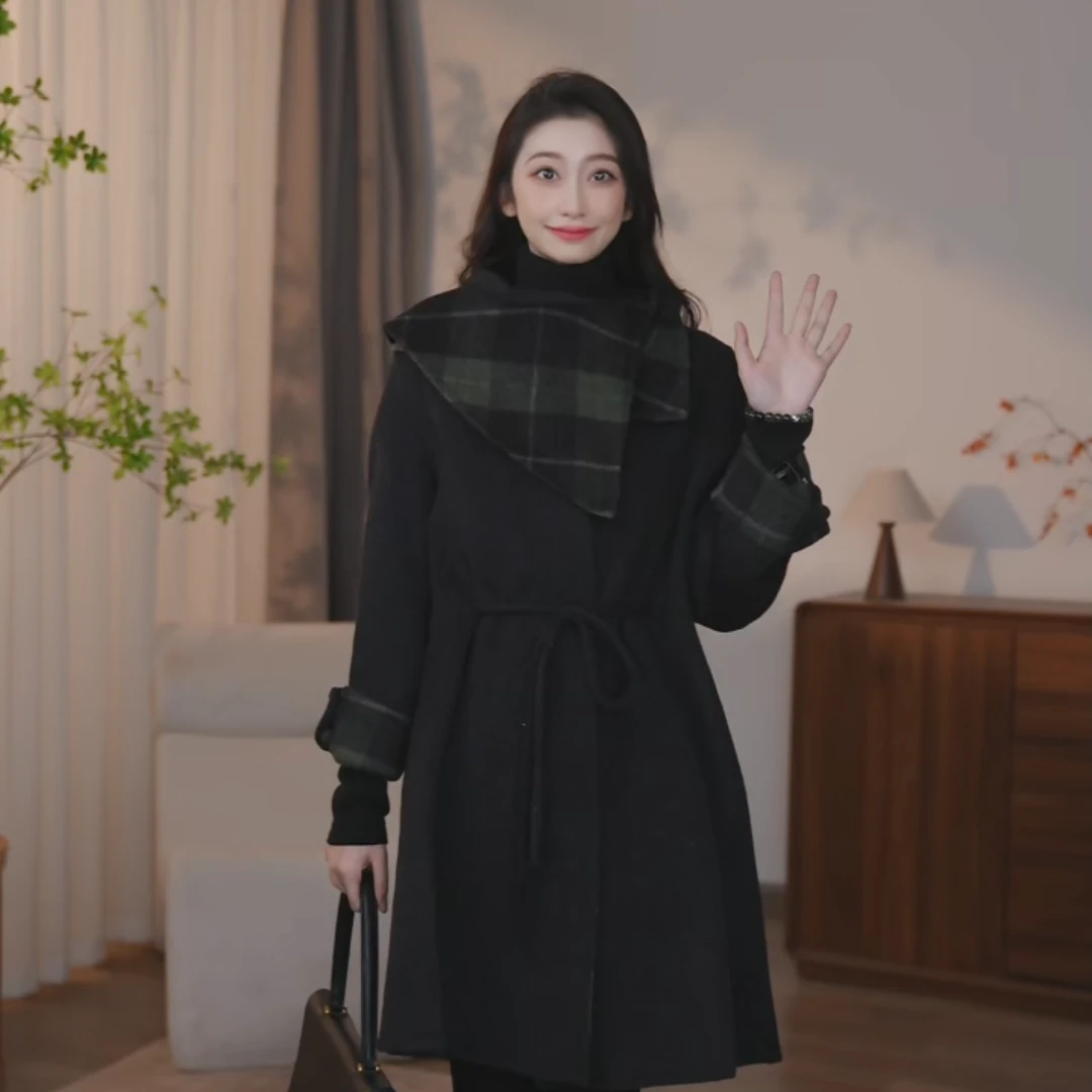 【曼贝】可拆卸气质时尚百搭女士羊驼绵羊毛长款大衣8584079【甜甜】