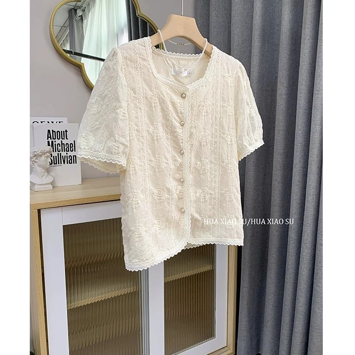夏季大码女装时尚小香风方领蕾丝刺绣短款减龄轻奢上衣