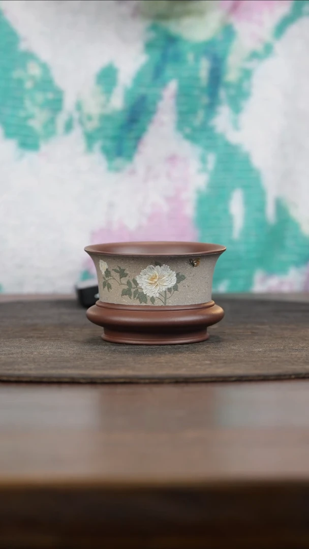 【闪购商品】紫砂茶叶罐定窑白泥绘牡丹明炉杯