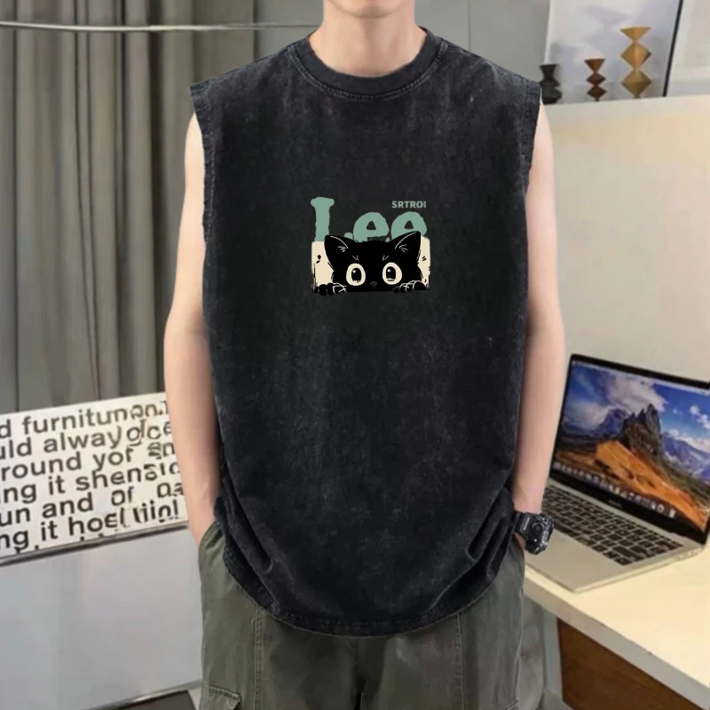 背心男生夏季美式复古水洗做旧宽松坎肩个性潮流宽肩纯棉无袖t恤