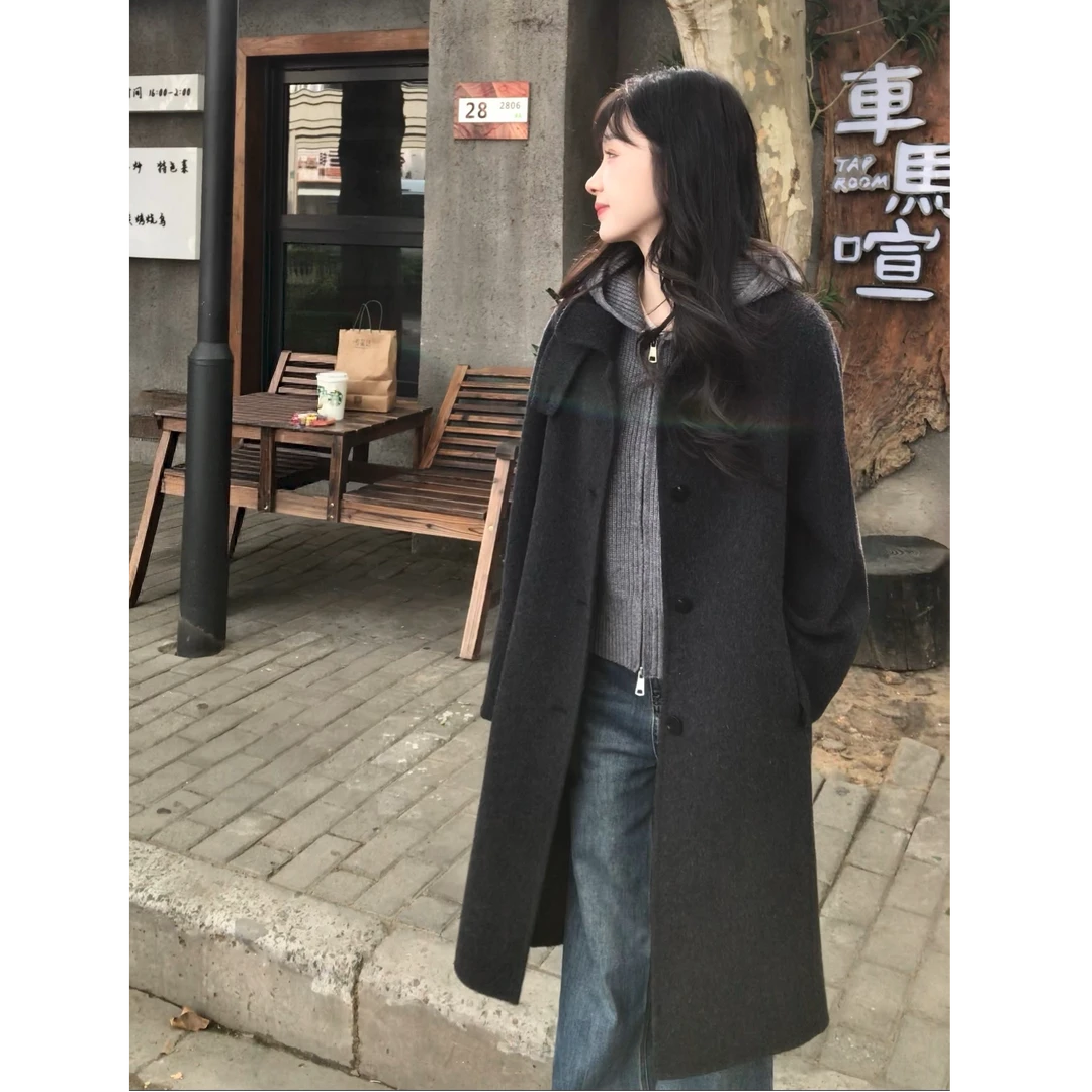 HSTYLE/韩都衣舍复古英伦风优雅百搭单排扣保暖羊毛大衣真两件套