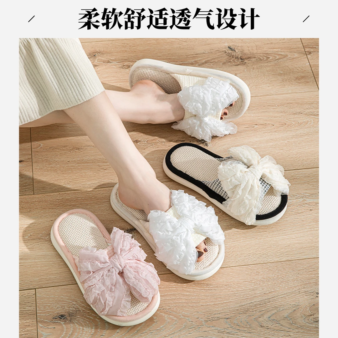 跨境亚马逊蝴蝶结亚麻拖鞋室内凉拖欧美拖鞋夏家居少女棉麻拖鞋女