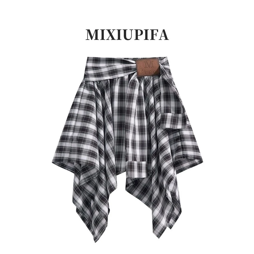 【现货】格纹屁帘半身裙不规则格子短裙女2025年夏季新款时尚收腰裙