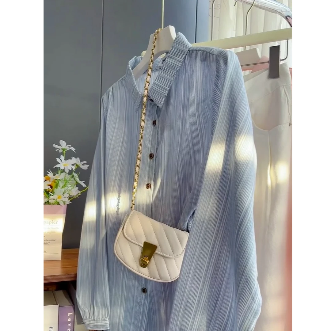 宽松型长袖条纹翻领上衣秋季新款休闲polo衫女装单件薄款时尚小众