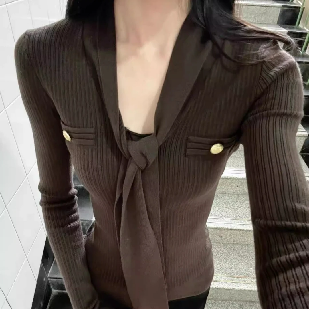 巴恩风飘带V领长袖针织衫女秋冬高级感内搭打底毛衣独特别致上衣