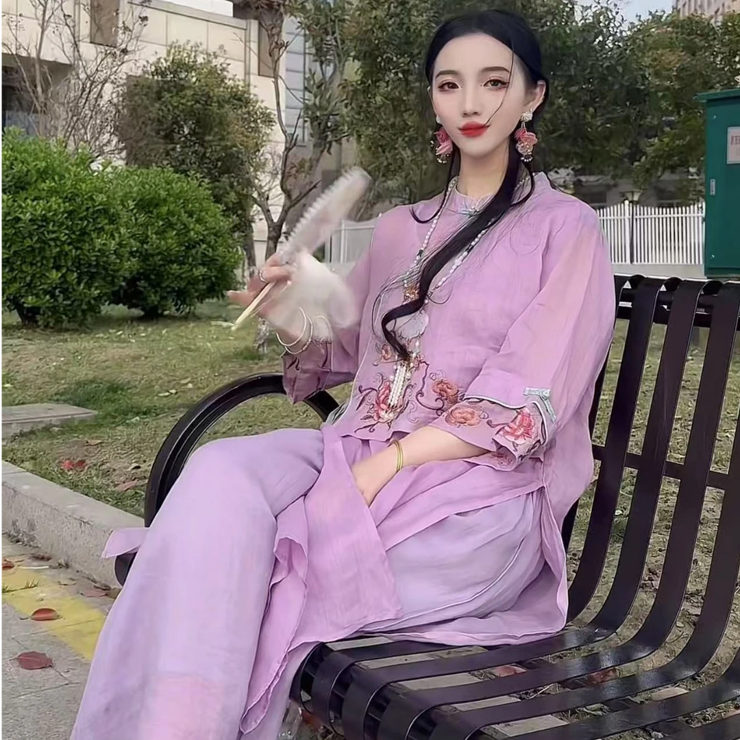 【花神款】旗袍领纯苎麻印花夏季圆领斜襟盘扣中长款茶服上衣浅紫色