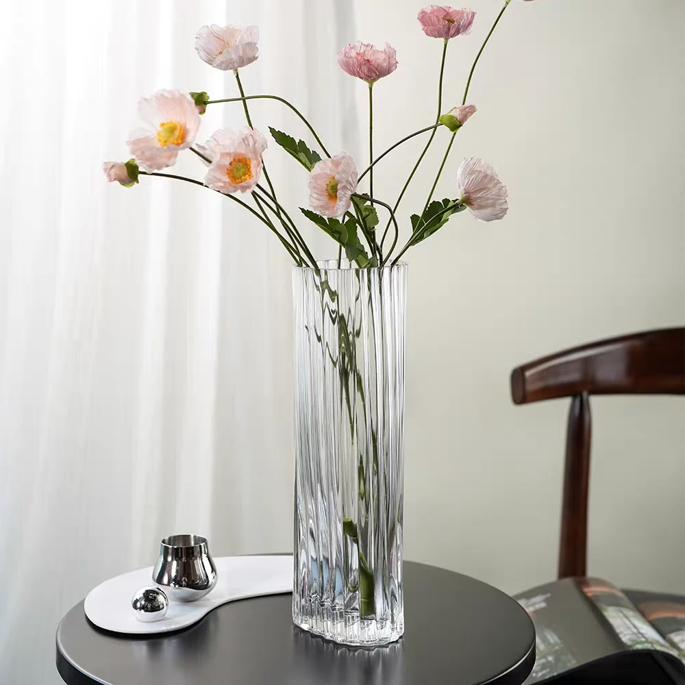 条纹水晶玻璃花瓶轻奢高级感 透明摆件客厅插花高级感i