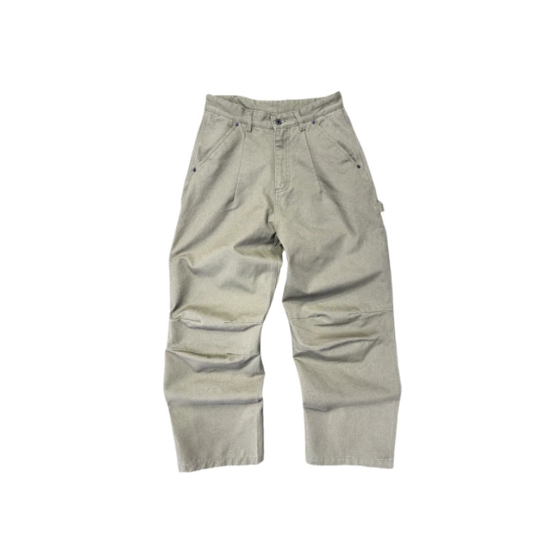 【断码捡漏】24044#素面重洗水双膝褶皱直筒古布伐木工装长裤