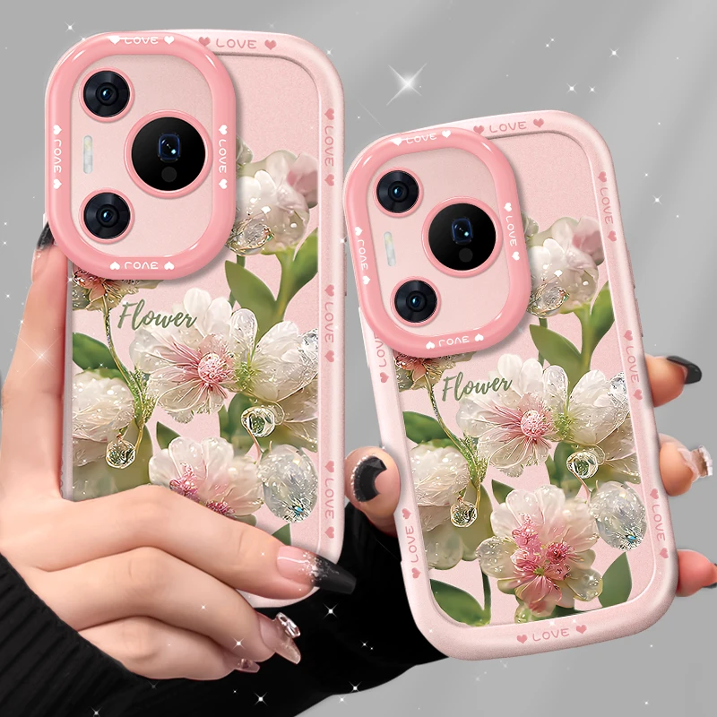 适用华为p70手机壳镂空水晶花金漆泡芙壳粉色硅胶软壳防摔保护套