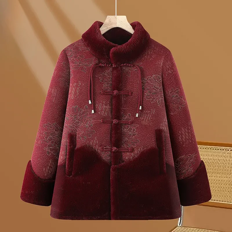 中国风加绒加厚毛呢外套立领新中式奶奶中老年女装加绒妈妈装秋冬