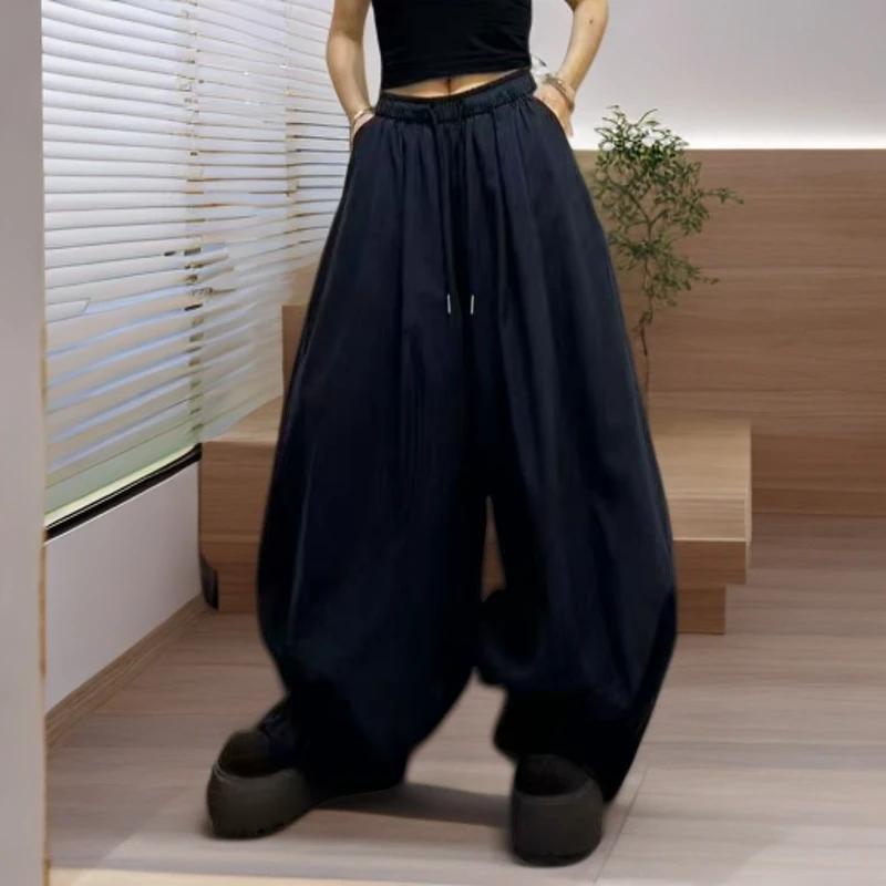 设计师夏季慵懒木耳边阔腿裤休闲宽松老钱风黑色女装长裤