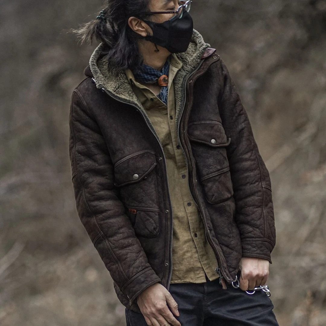 T73122-醇植浆染系复古做旧男款原生态皮毛一体外套真皮冬季夹克