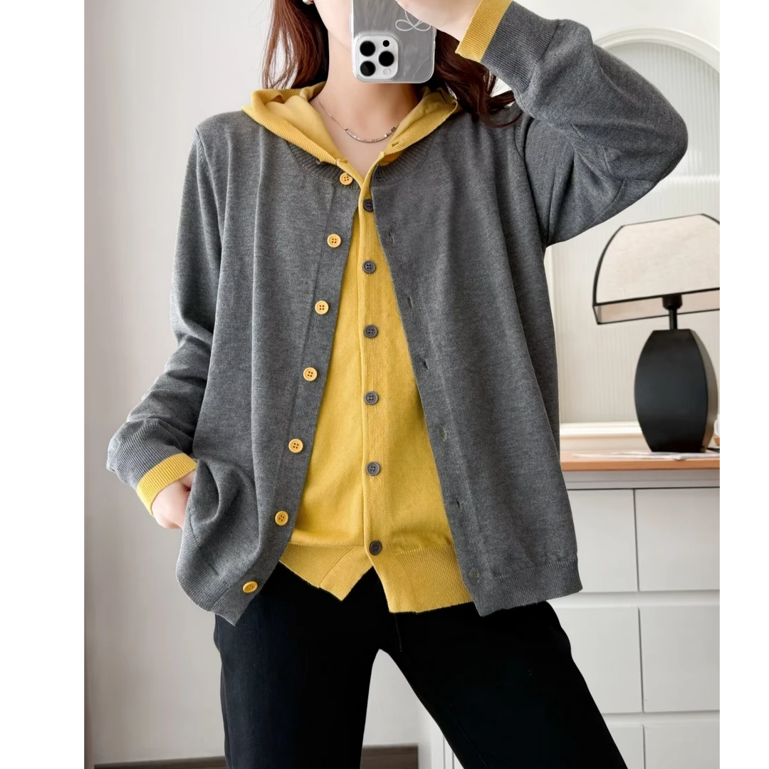 假两件连帽毛衣开衫外套女大码胖mm显瘦独特别致拼接撞色针织上衣