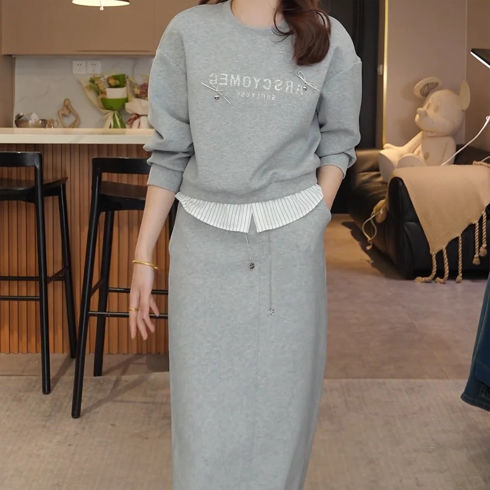 小个子定制显瘦卫衣拼接衬衣下摆半裙套装休闲时尚裙子两件套