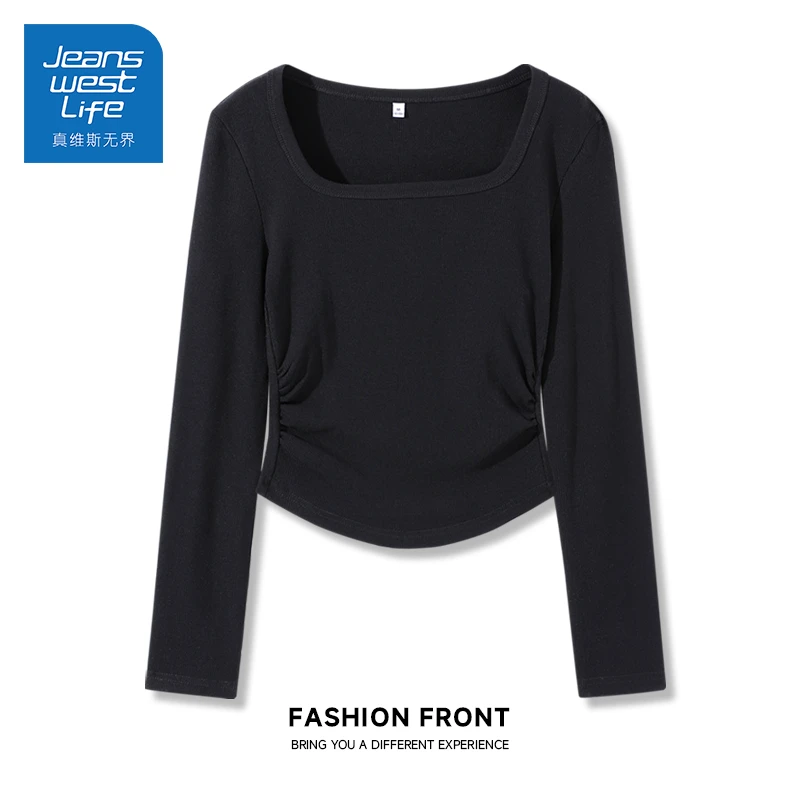 真维斯无界春秋方领修身长袖t恤女黑色百搭老钱风女装设计感上衣t