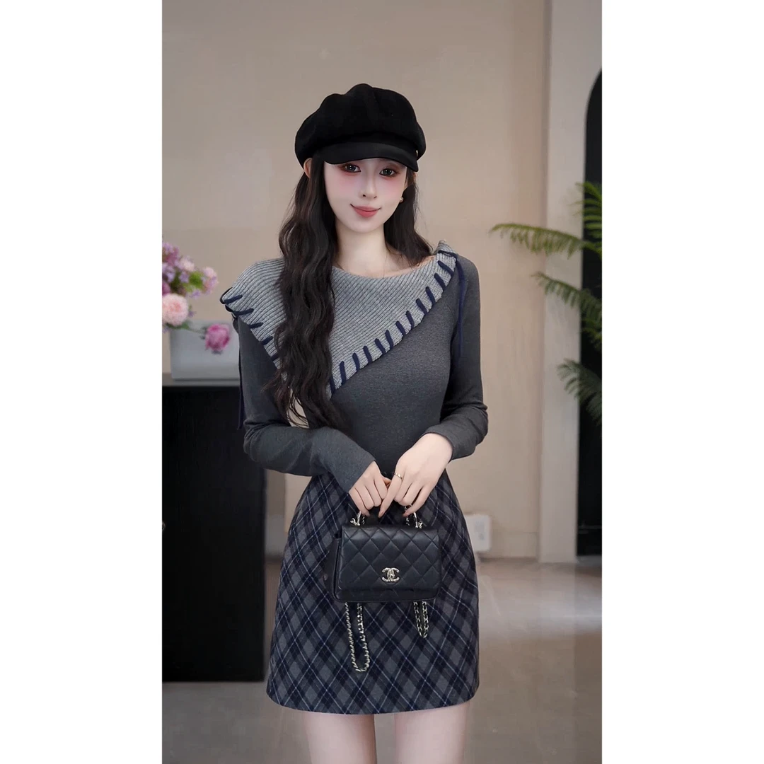 YUANLIANSU/圆脸酥【秋日漫逃】秋季新款百搭显瘦针织斜领长袖T恤女