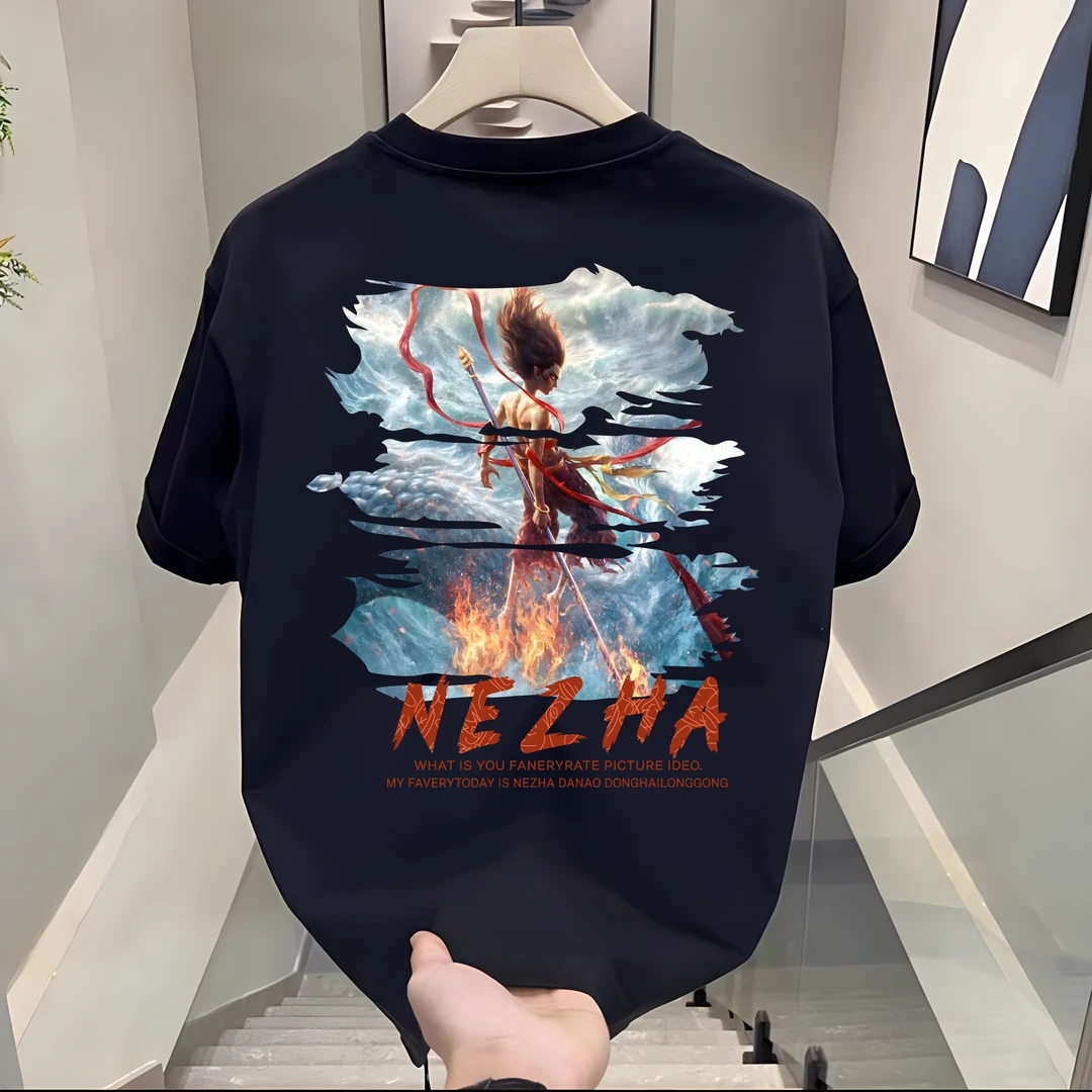 2025新款国潮中国风哪吒闹海设计师版男款纯棉印花百搭短袖DS-220