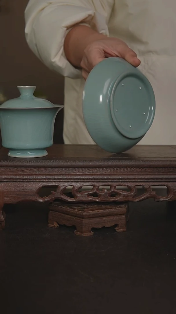 摆件陶仿古釉手工鼠纹洗+盖碗