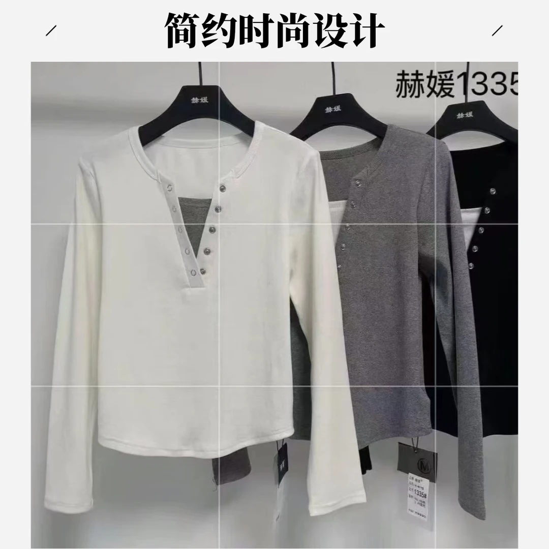 假两件单排扣长袖T显瘦设计感