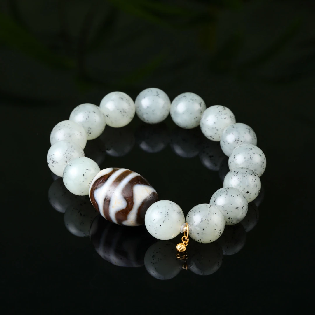 【意婵】《财富满》（12mm）和田玉青花老料单圈手链18k金玛瑙-914897