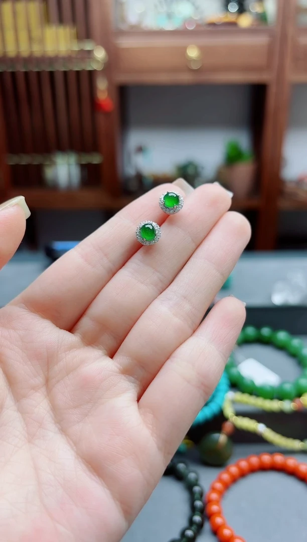 翡翠银S925镶嵌耳饰s925银翡翠耳钉YD