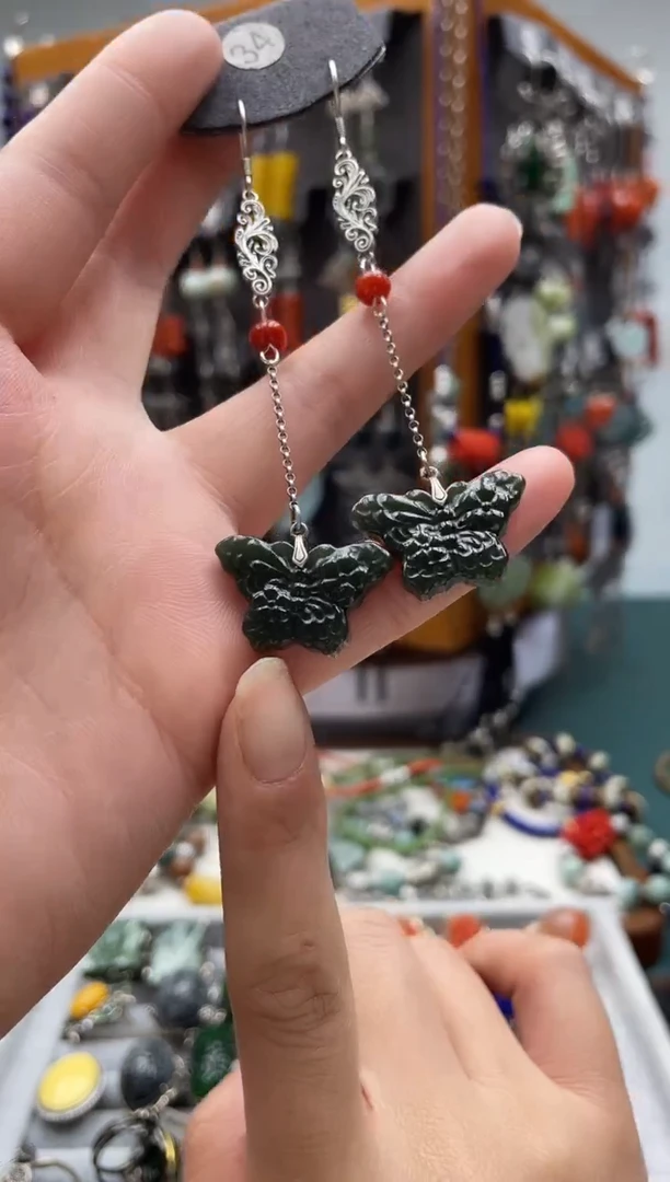 【闪购商品】和田玉耳饰银S925镶嵌饰品