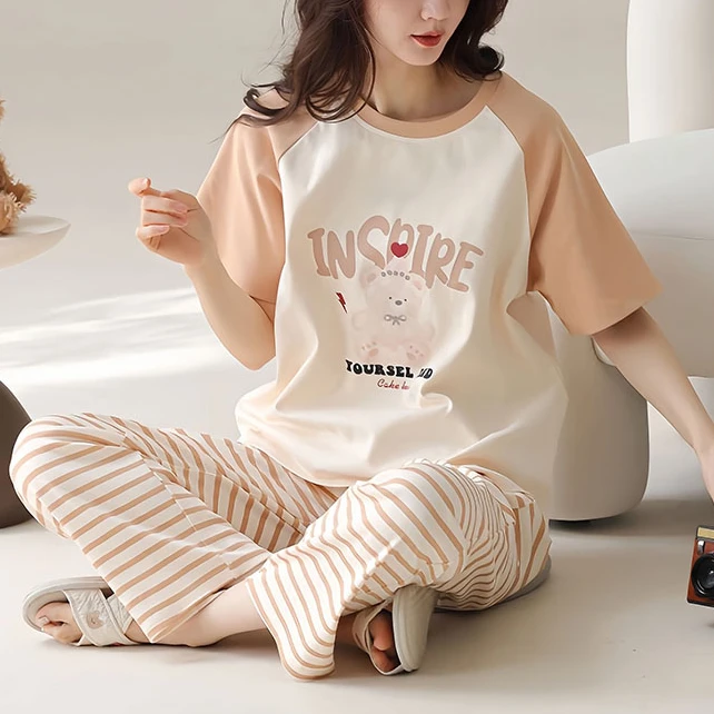 2025新款短袖长裤睡衣女夏季纯棉100%棉可外穿女士休闲家居服套装