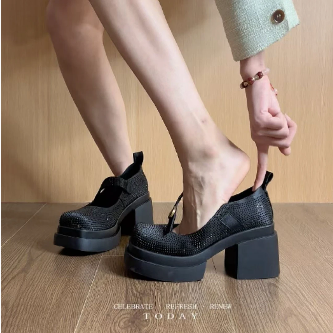 5103厚底增高水钻魔术贴玛丽珍方头小个子9CM松糕鞋黑色单鞋